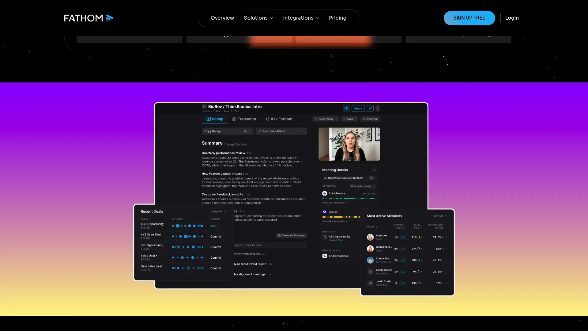 Screenshot of Fathom video interface showing unlimited recording dashboard