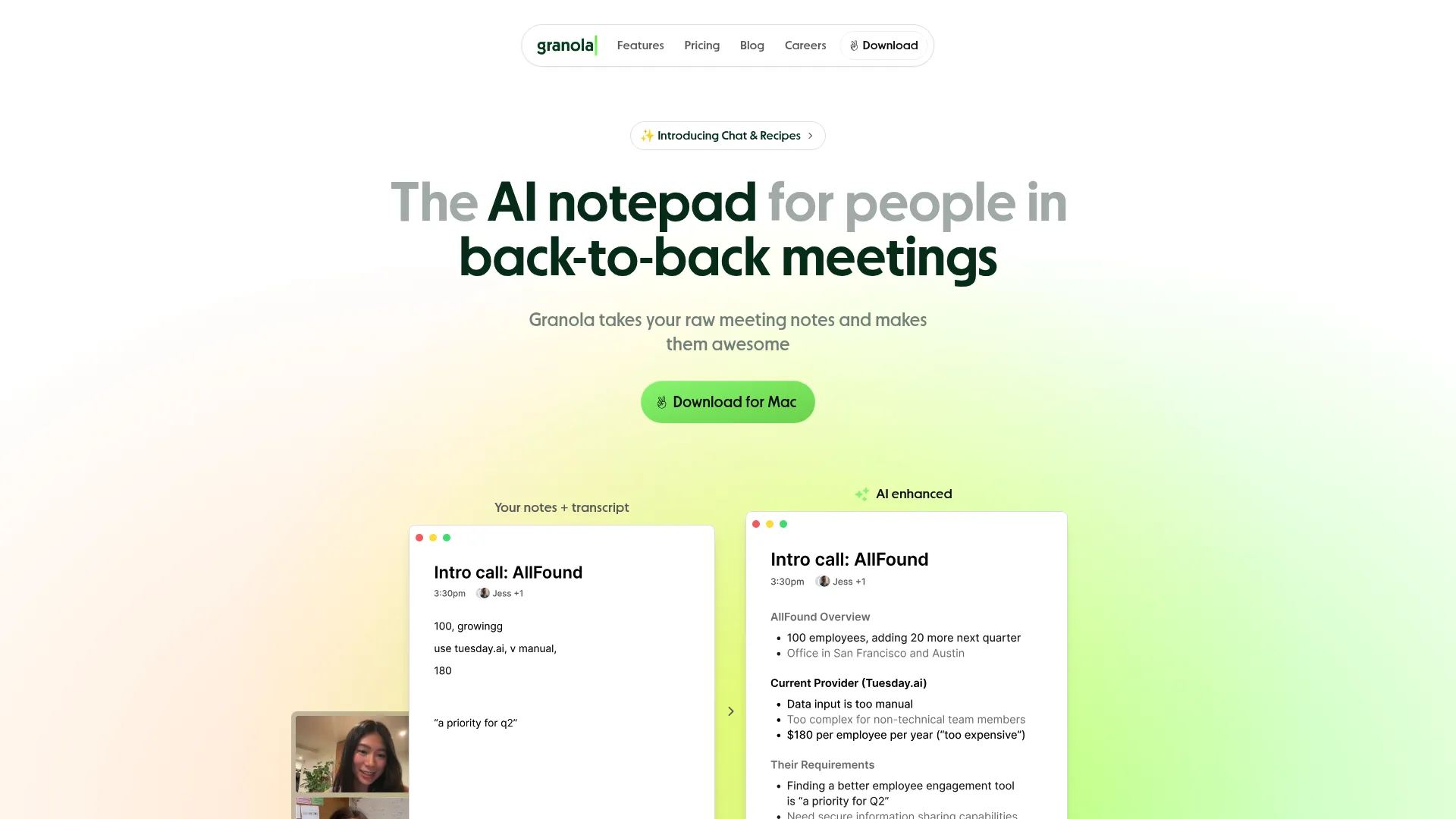 Granola.so hybrid note interface