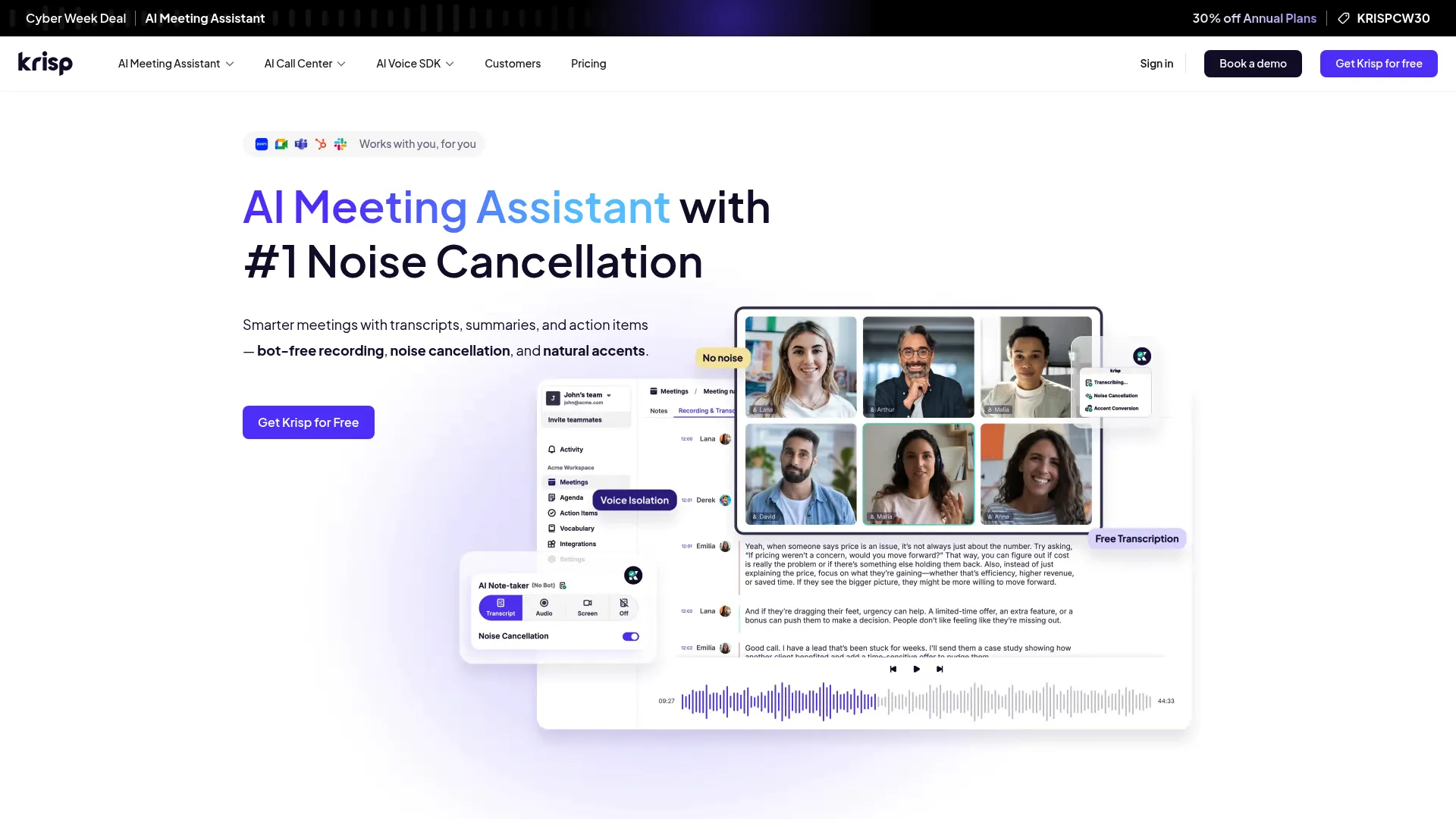 Screenshot of Krisp audio enhancement interface with noise cancellation controls