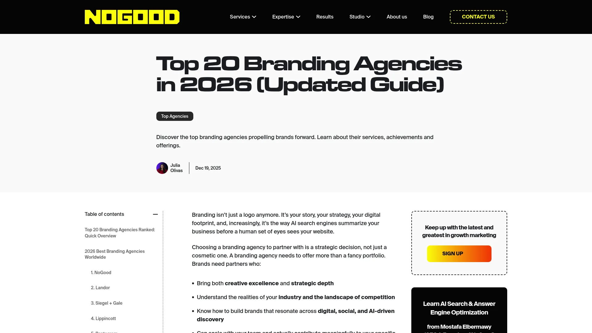 NoGood agency website highlighting growth and branding services