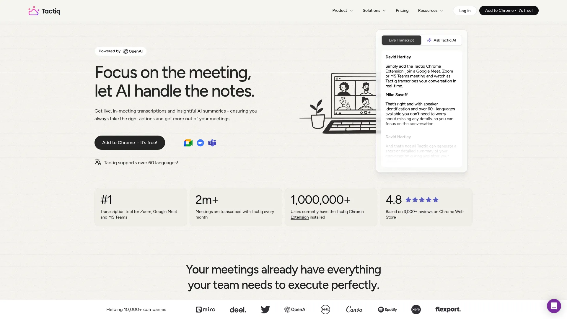 Screenshot of Tactiq Chrome extension interface within meeting platform