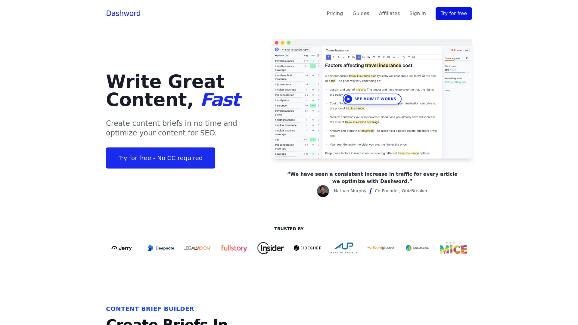 Dashword intuitive content brief creation interface