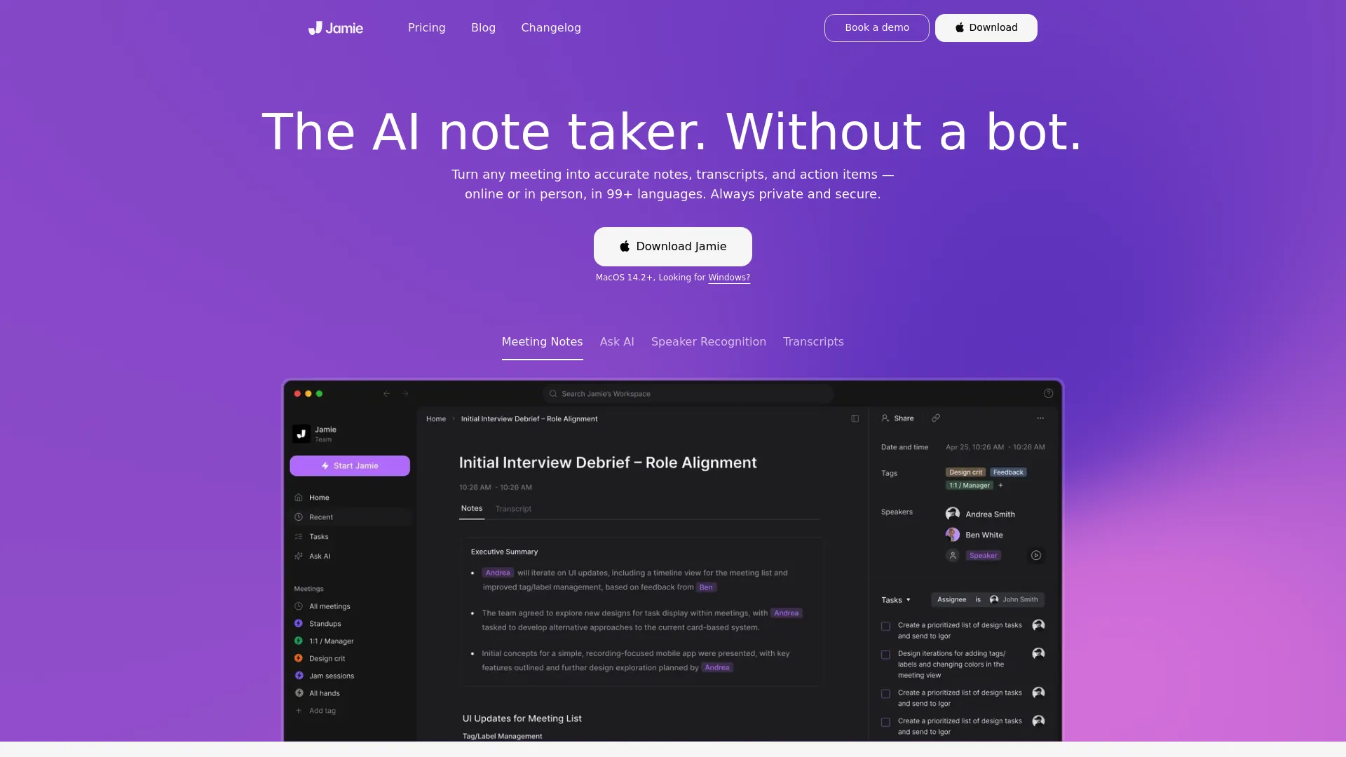 Screenshot of Jamie bot-free privacy interface with language selection