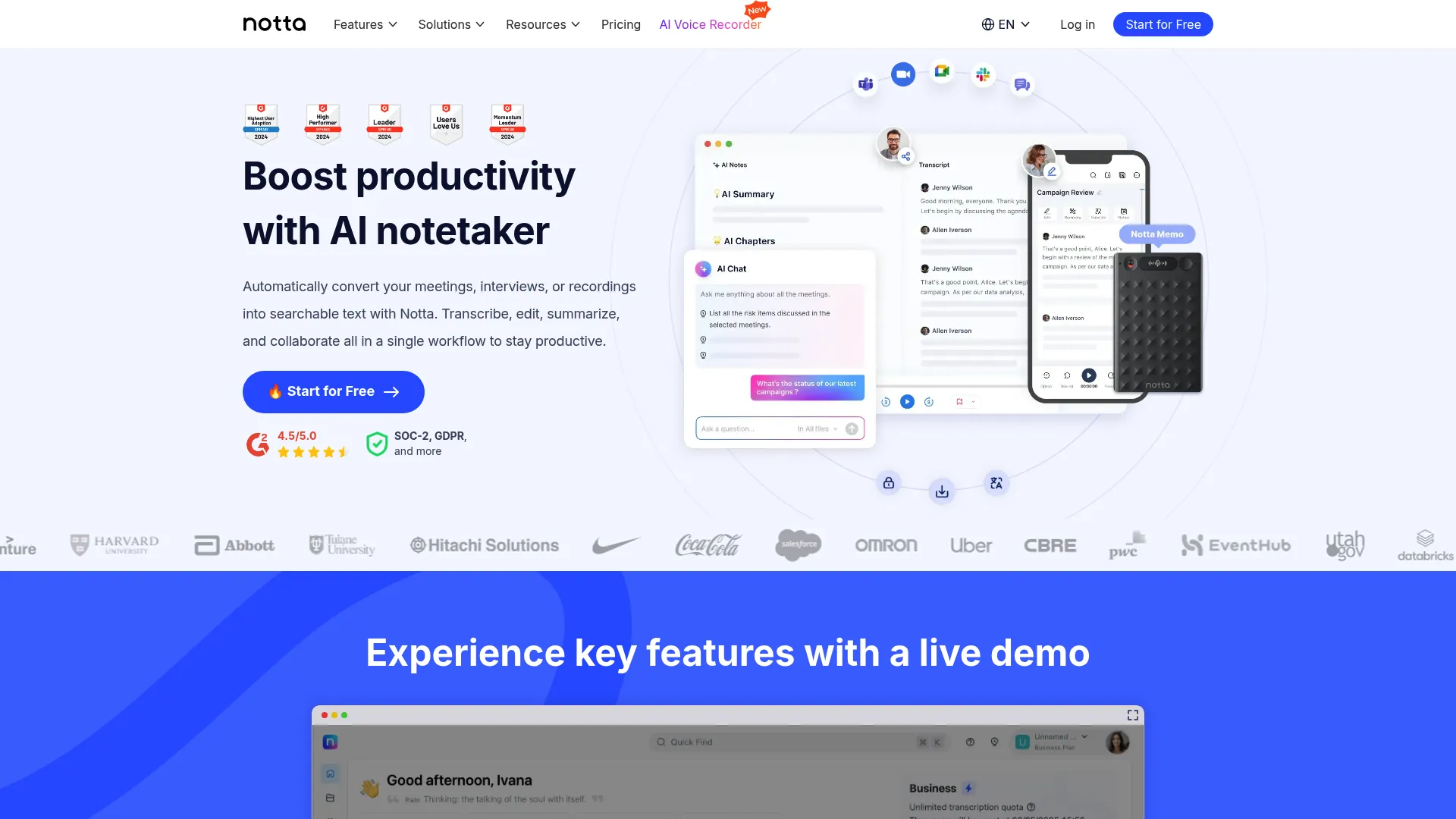 Notta multilingual meeting transcription dashboard