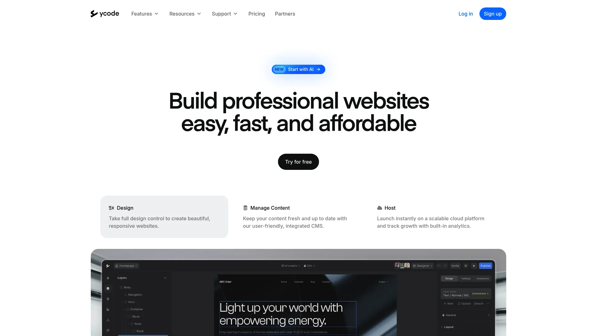 Ycode website builder dashboard